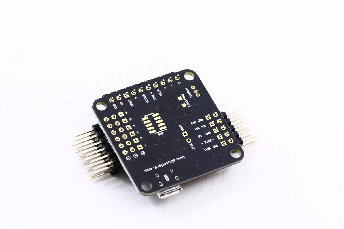 Naze32 Acro Rev 6 flight controller board with pins installed rear view