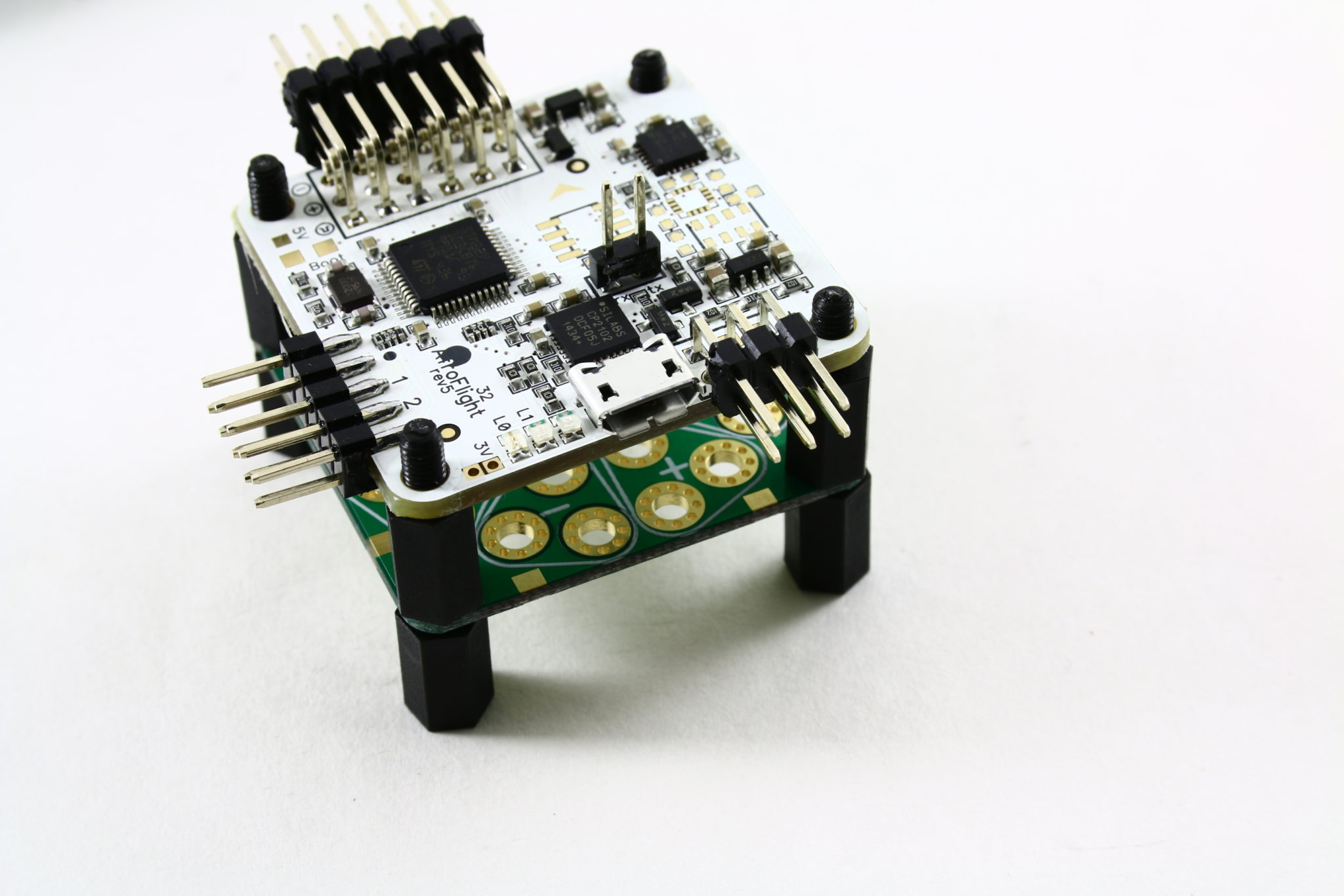 3 Oz power distribution board for Naze32 or CC3D shown with Naze32 (not included) side view