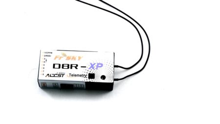 Frsky D8R-XP 8 channel receiver with telemetry, CPPM, and RSSI output.